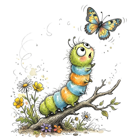 caterpillar, butterfly, whimsical, nature, animals, insects, yellow, green, blue, orange, colorful, floral, flowers, daisy, spring, summer, children's, playful, cute, character, garden, branch, leaves, folk art style, illustrated, nature-inspired, kid-friendly, charming, cheerful, woodland