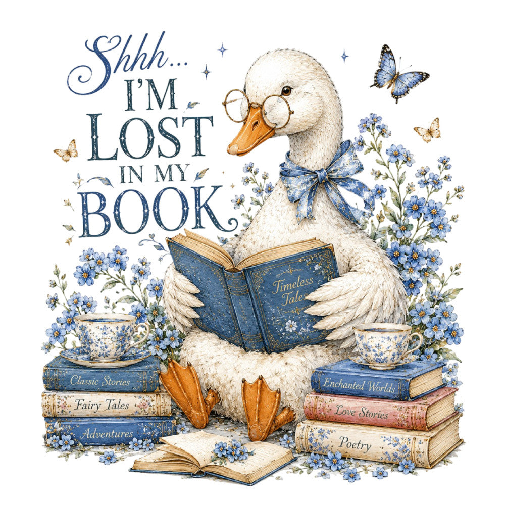 cream white, navy blue, cornflower blue, gold accents, floral, butterflies, books, literary, whimsical, vintage, elegant, shabby chic, cottage core, animals, goose, duck, reading, intellectual, fairy tales, adventure stories, love stories, poetry, classic stories, enchanted worlds, teacups, flowers, daisies, forget-me-nots, bows, ribbons