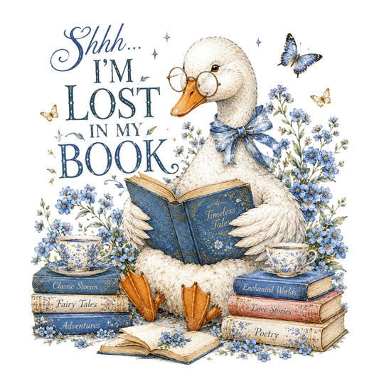 cream white, navy blue, cornflower blue, gold accents, floral, butterflies, books, literary, whimsical, vintage, elegant, shabby chic, cottage core, animals, goose, duck, reading, intellectual, fairy tales, adventure stories, love stories, poetry, classic stories, enchanted worlds, teacups, flowers, daisies, forget-me-nots, bows, ribbons