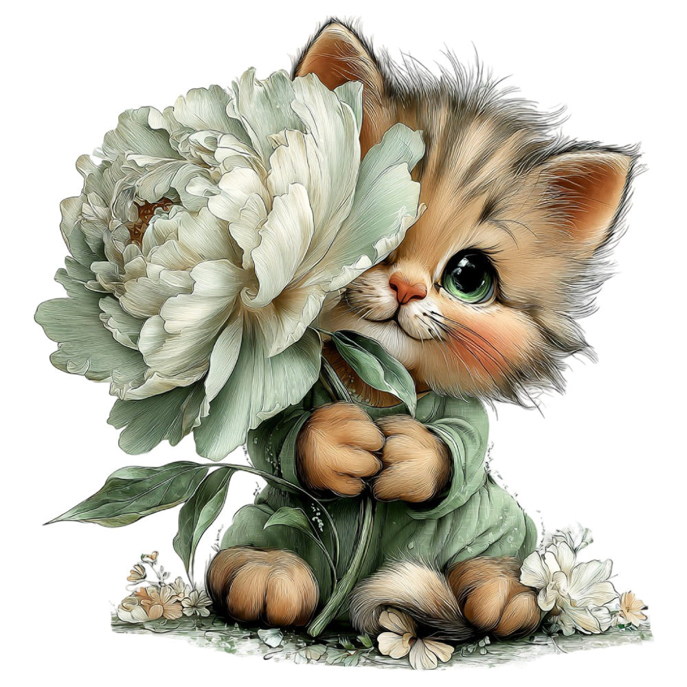 cat, kitten, floral, flowers, peony, white flowers, cream, sage green, soft green, tan, brown, beige, rust, whimsical, cute, adorable, animals, nature, botanical, spring, cottage core, sweet, playful, illustration, detailed, artist designed, fantasy, magical, charming, nursery