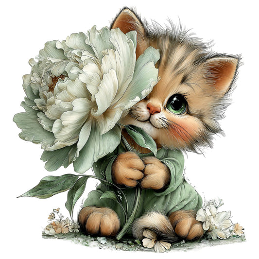 cat, kitten, floral, flowers, peony, white flowers, cream, sage green, soft green, tan, brown, beige, rust, whimsical, cute, adorable, animals, nature, botanical, spring, cottage core, sweet, playful, illustration, detailed, artist designed, fantasy, magical, charming, nursery