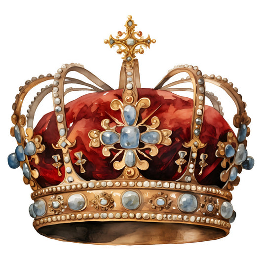 royal crown, gold, red velvet, jewels, pearls, sapphire blue, ornate, decorative cross, regal, elegant, traditional, vintage, heraldic, monarchy, luxe, gem stones, royal blue, embellished, ornamental, formal, classic, majestic, crown motif, metallic gold, pearled details, sapphire gems, rich red, pageantry, coat of arms, wall hanging