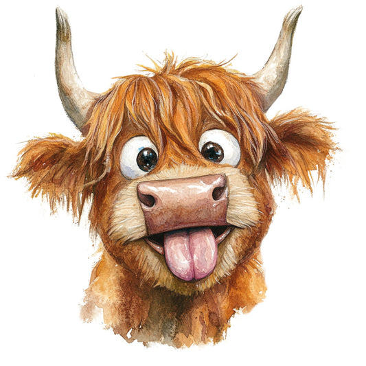 highland cattle, brown, tan, cream, gold, rust, animal, farm animals, livestock, whimsical, cute, playful, funny, humorous, cartoon, children's, kids, farmhouse, rustic, nature, tongue out, happy expression, quirky, cheerful, smile, portrait, character, textile art, nursery, baby quilt