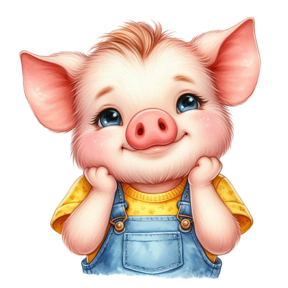 cute pig, children's fabric, farmhouse, adorable animals, nursery, baby, whimsical, yellow, blue, coral pink, countryside, farm animals, children's illustration, storybook, playful, character design, denim overalls, pastoral, springtime, summer, kid-friendly, gentle, sweet, vintage charm, rustic farmhouse, animal friends, cheerful, colorful, decorative panel, wall hanging
