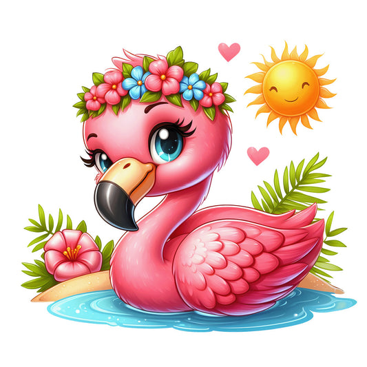 baby flamingo, pink flamingo, tropical bird, flower crown, hibiscus flowers, blue flowers, green leaves, palm fronds, sunshine, hearts, turquoise water, coral pink, bright yellow, kawaii style, cute cartoon, tropical theme, fabric panel, quilting cotton, nursery decor, summer vibes
