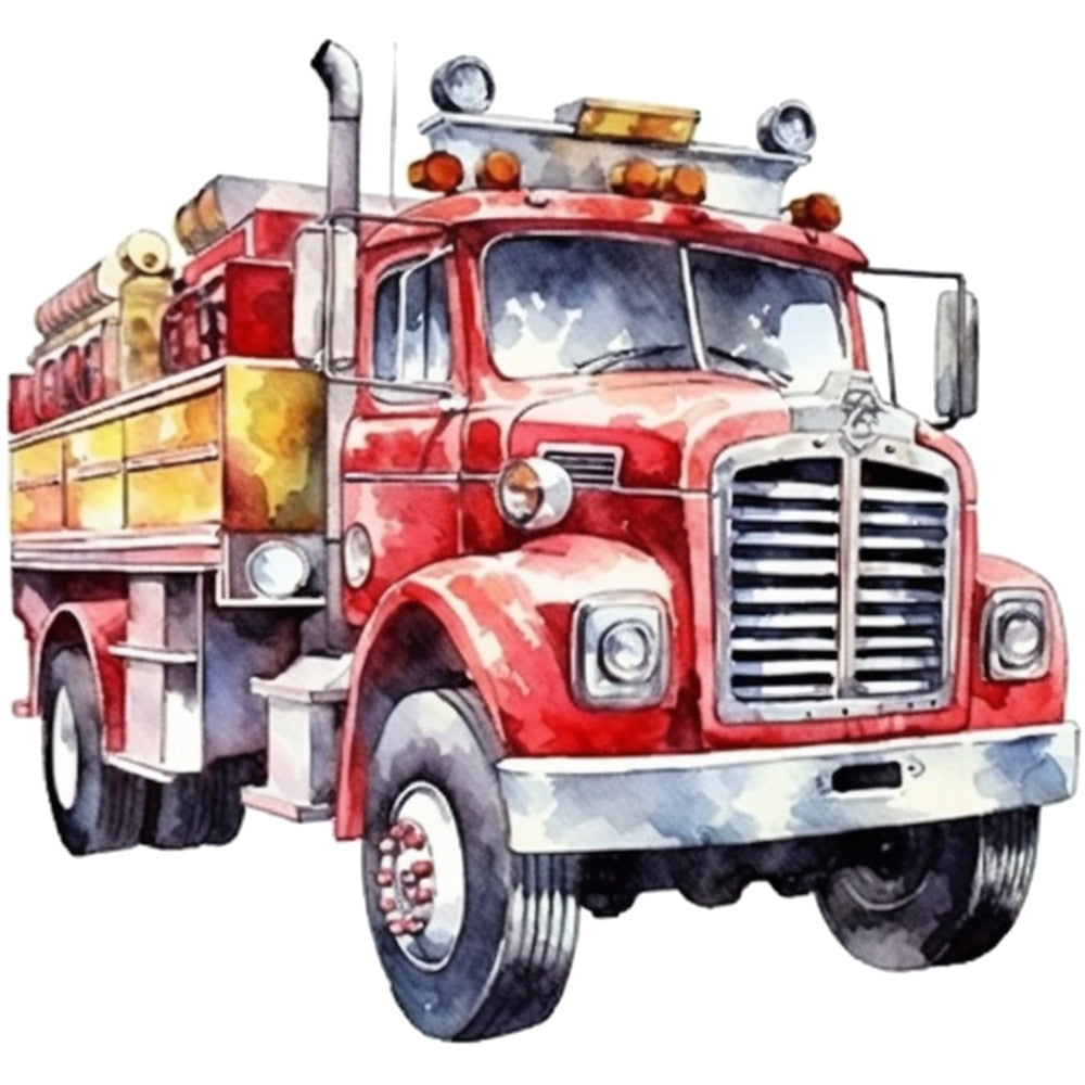 red fire truck, vintage vehicle, watercolor style, bright red, chrome details, emergency vehicle, retro truck, orange lights, yellow accents, silver chrome, automotive design, rescue vehicle, fabric panel, quilting cotton, transportation theme, nostalgic artwork, painted illustration, truck cab, fire department, vintage machinery