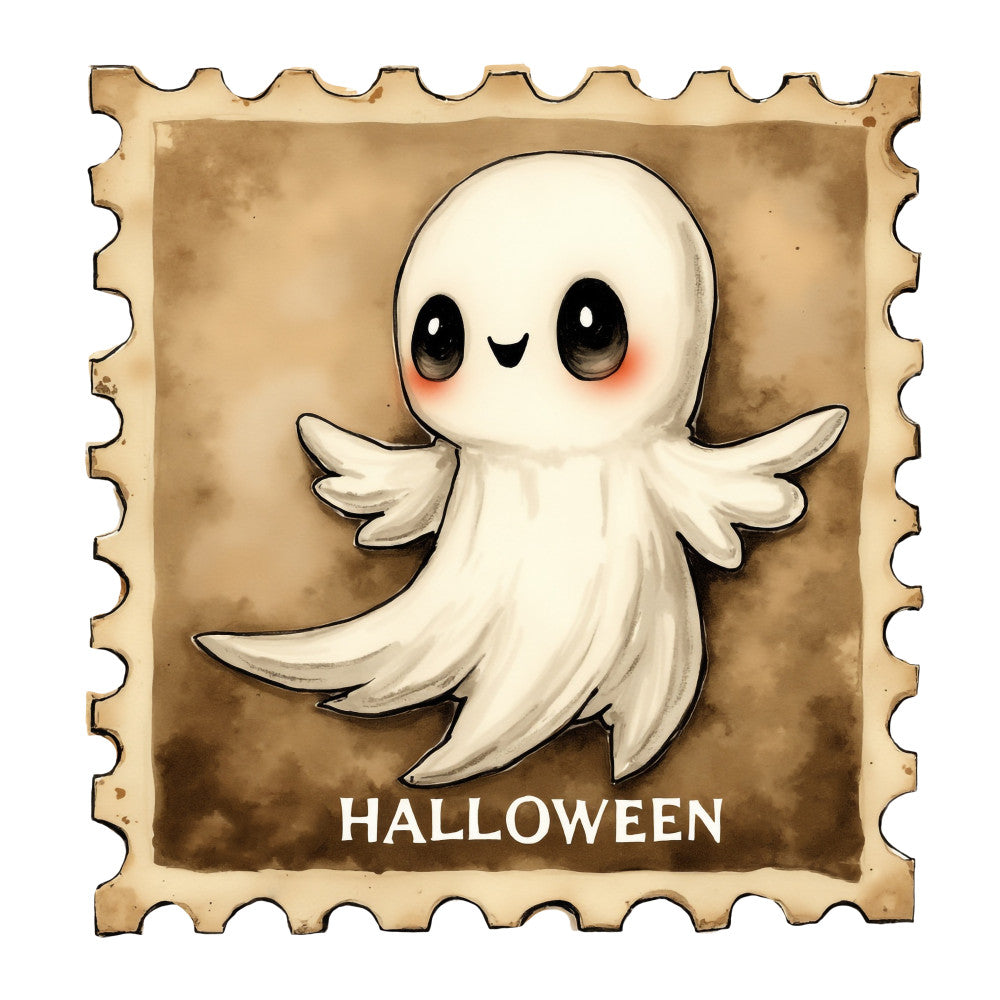 Halloween Postage Stamps Fabric Panel 14 featuring a cute smiling ghost on a vintage postage stamp with Halloween text