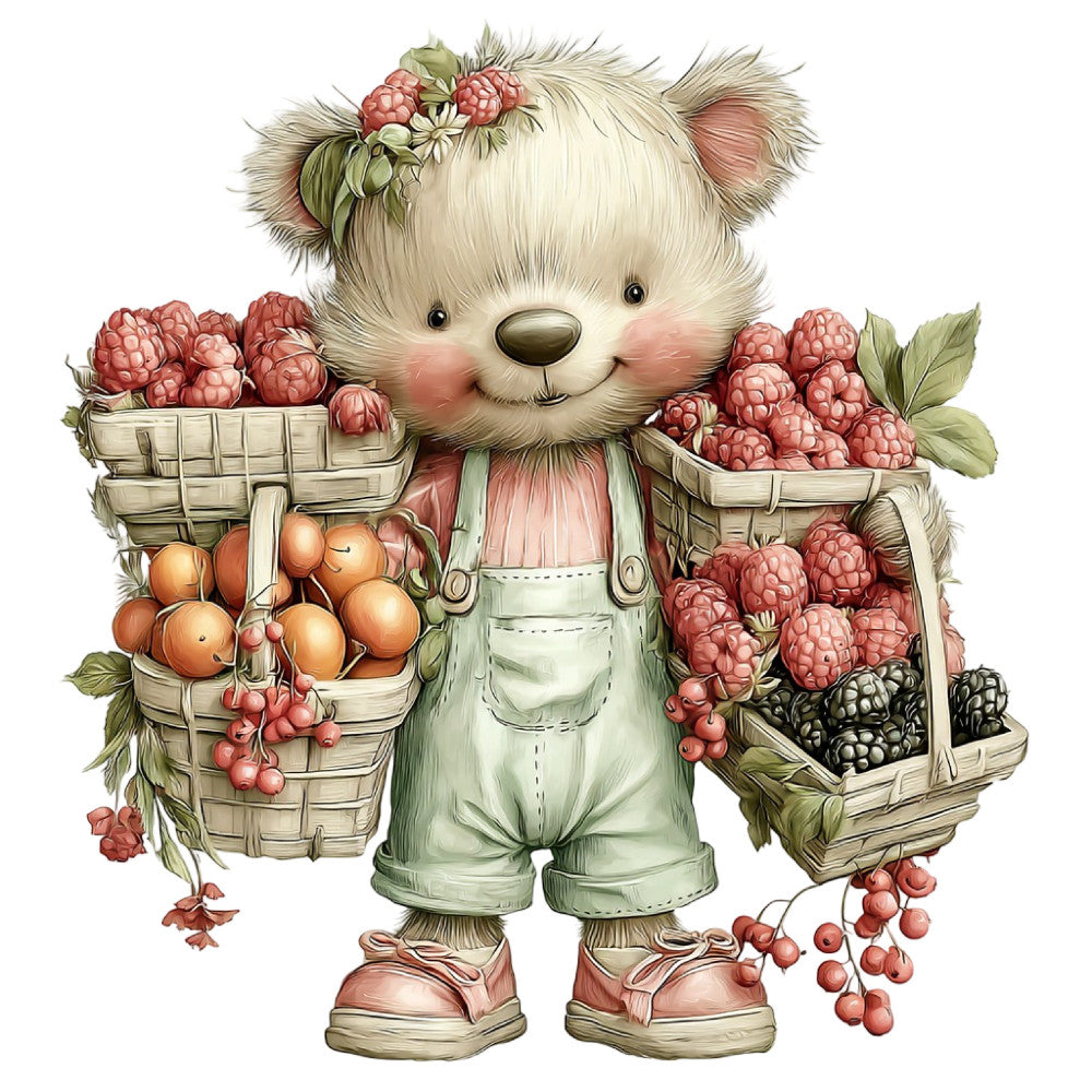 cute bear, berries, raspberries, blackberries, fruit basket, cream white, soft pink, sage green, coral red, whimsical, woodland, farmhouse, nursery, children's, baby quilt, animals, teddy bear, nature, vintage, rustic, spring, summer, harvest, gathered baskets, berries and fruit, country style, storybook, adorable, sweet, pastoral