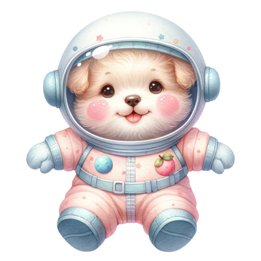 adorable puppy, astronaut dog, baby quilt, pastel pink, soft blue, cream white, coral cheeks, cute animals, whimsical, playful, space theme, cosmic, nursery, children's fabric, dogs, animals in costumes, space suit, helmet, stars, celestial, soft pastels, gender neutral, sweet, charming, illustration style, modern whimsical, kids decor, baby shower, space explorer