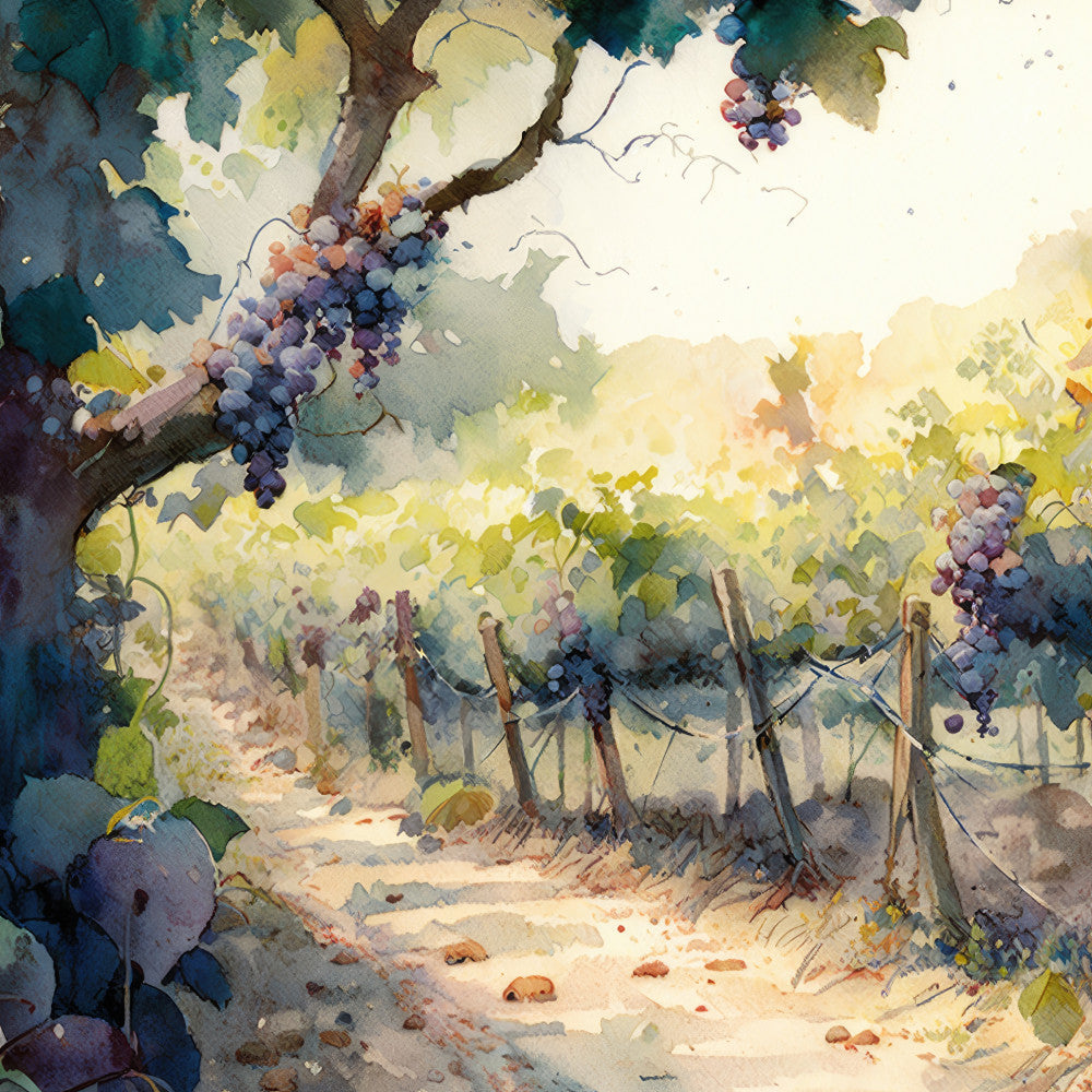 vineyard, grape vines, wine country, grapevines, purple grapes, tuscan, harvest, autumn, fall, watercolor, botanical, nature, landscape, rustic, countryside, garden, provence, wine region, teal, golden yellow, dusty purple, sage green, warm earth tones, romantic, elegant, vintage, artistic, scenic, afternoon light, sunny