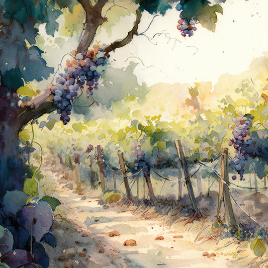vineyard, grape vines, wine country, grapevines, purple grapes, tuscan, harvest, autumn, fall, watercolor, botanical, nature, landscape, rustic, countryside, garden, provence, wine region, teal, golden yellow, dusty purple, sage green, warm earth tones, romantic, elegant, vintage, artistic, scenic, afternoon light, sunny