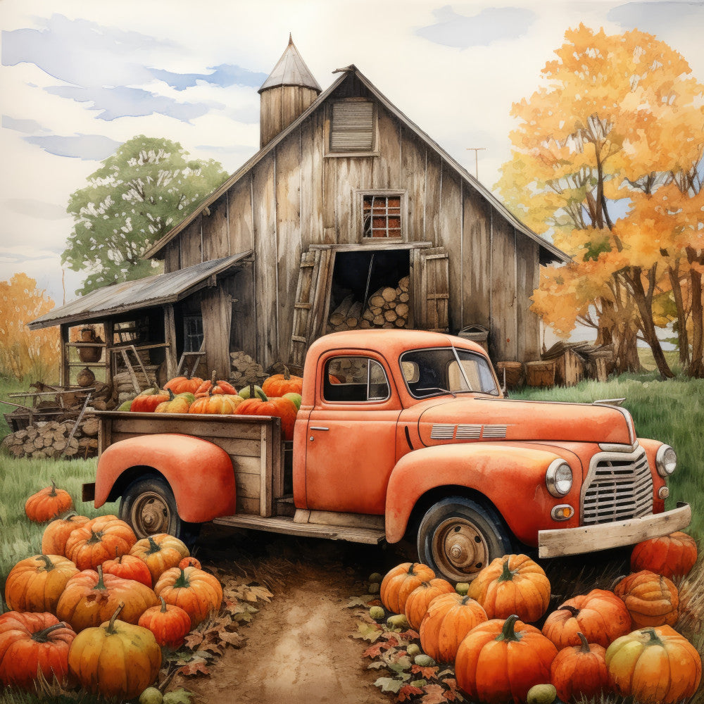 autumn harvest, fall pumpkins, vintage truck, farmhouse, rustic, orange truck, pumpkin patch, barn, countryside, warm colors, burnt orange, golden yellow, cream, terracotta, harvest theme, seasonal, autumn scene, farm life, vintage aesthetic, nostalgic, americana, pastoral, country living, fall décor, thanksgiving, nature scene, trees, landscape, folk art, americana truck