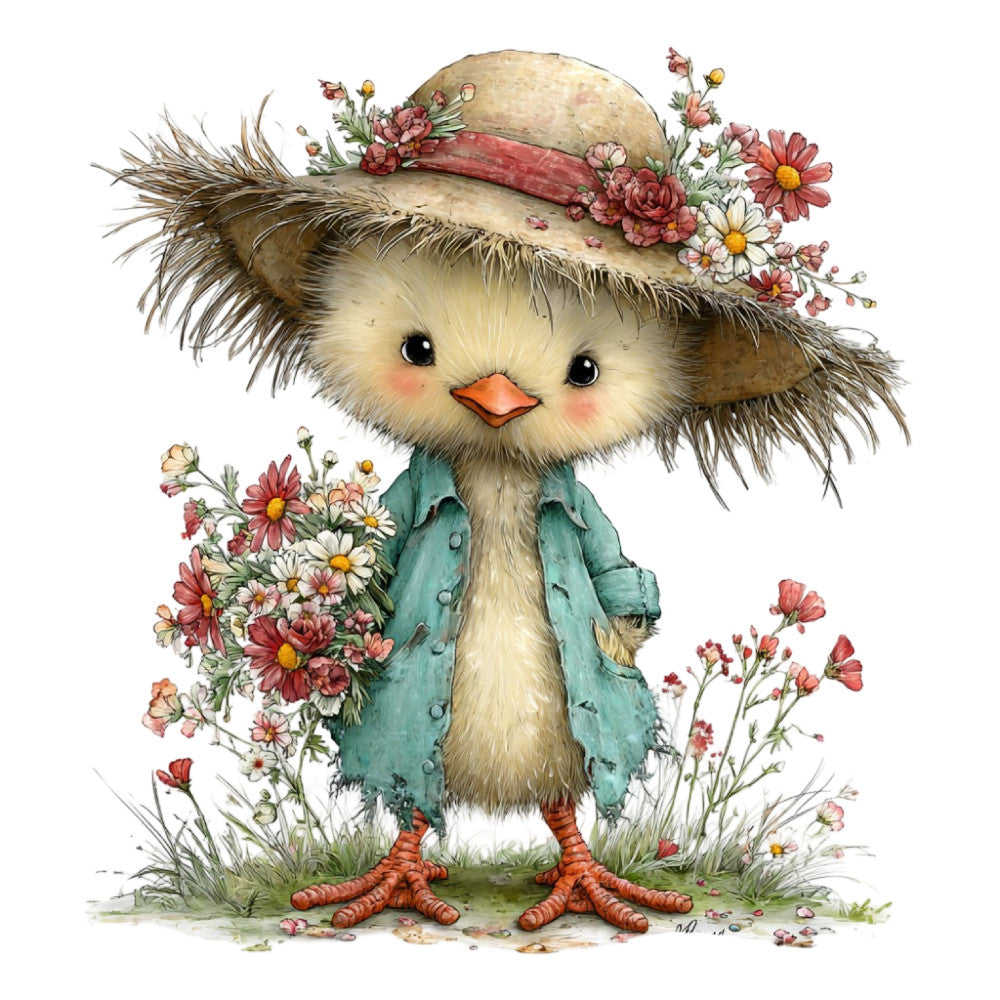 cute bird, whimsical, spring, floral, animals, baby quilt, pastel colors, cream, sage green, dusty rose, coral pink, daisy, carnation, straw hat, vintage, farmhouse, nature, illustrated, children's, soft colors, romantic, garden theme, easter, cheerful, sweet, delicate flowers, botanical, country style, nursery, wall hanging