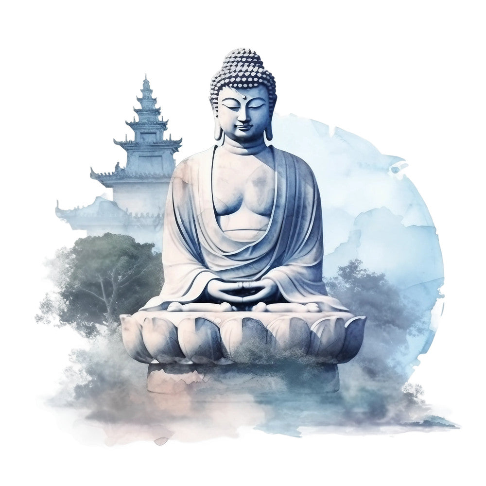 watercolor, buddha statue, meditation pose, lotus position, serene expression, blue tones, gray shades, white highlights, peaceful mood, zen style, pagoda temple, misty clouds, trees silhouette, spiritual theme, fabric panel, asian inspired, tranquil scene, soft brushstrokes, contemplative, mindfulness