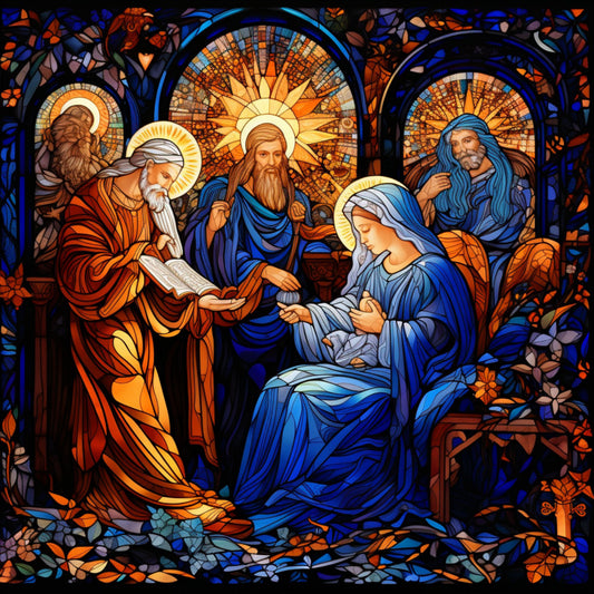 nativity scene, stained glass, religious imagery, mary, joseph, baby jesus, wise men, biblical figures, halos, golden yellow, deep blue, orange red, purple, fabric panel, christmas theme, holy family, radiant sunburst, ornate borders, floral motifs, spiritual artwork