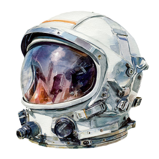 astronaut, space helmet, vintage space, retro astronaut, nasa, space exploration, sci-fi, science fiction, white, silver, blue, orange, cream, metallic, cosmic, celestial, vintage illustration, mid-century modern, space age, portrait, figure, technical, industrial, steampunk, educational, vintage sci-fi, boomer aesthetic, nostalgic, space program