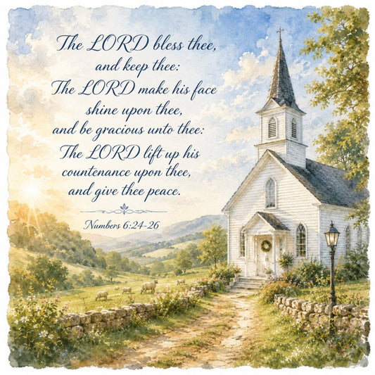 church, religious, spiritual, blessing, scripture, countryside, pastoral, rural, farmhouse, vintage, traditional, landscape, white church, steeple, cross, peaceful, serene, inspirational, faith-based, nature, trees, rolling hills, sheep, grazing animals, stone wall, cream, sky blue, soft blue, yellow-green, sage green