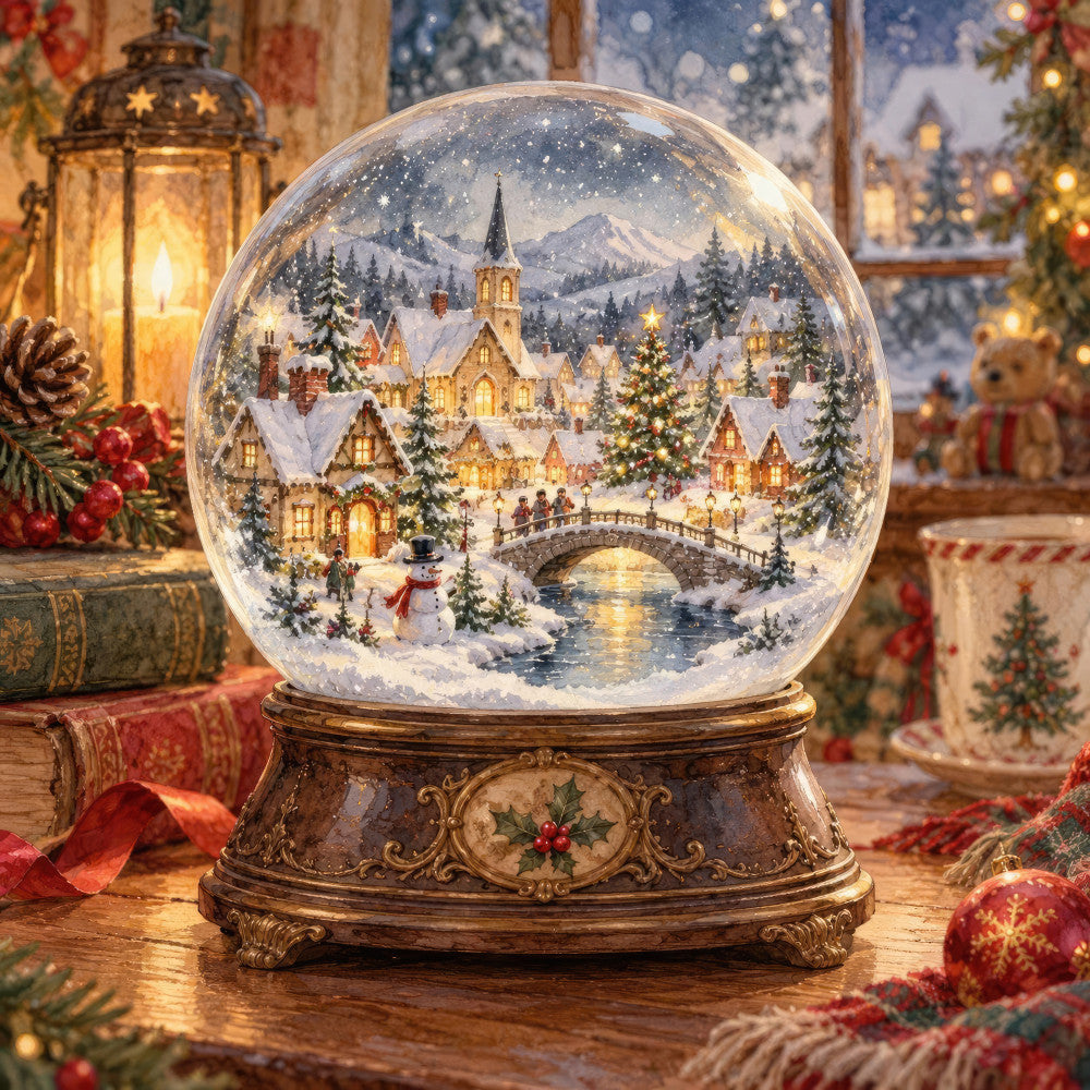 snow globe, winter village, christmas, holiday, snowy landscape, church, evergreen trees, snowman, bridge, festive, warm gold, cream white, forest green, burgundy red, vintage, nostalgic, whimsical, traditional, elegant, celestial, starry night, cottages, decorative, home decor, wall hanging, christmas decoration, winter scene, cozy, magical, timeless