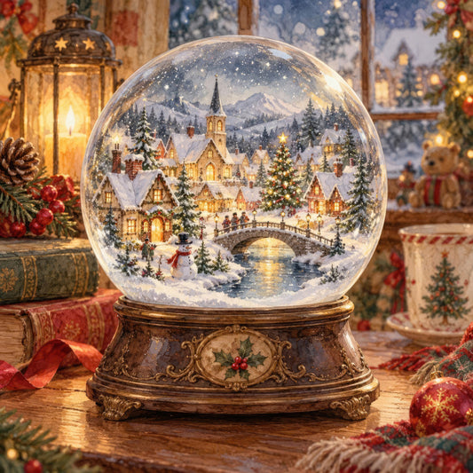 snow globe, winter village, christmas, holiday, snowy landscape, church, evergreen trees, snowman, bridge, festive, warm gold, cream white, forest green, burgundy red, vintage, nostalgic, whimsical, traditional, elegant, celestial, starry night, cottages, decorative, home decor, wall hanging, christmas decoration, winter scene, cozy, magical, timeless