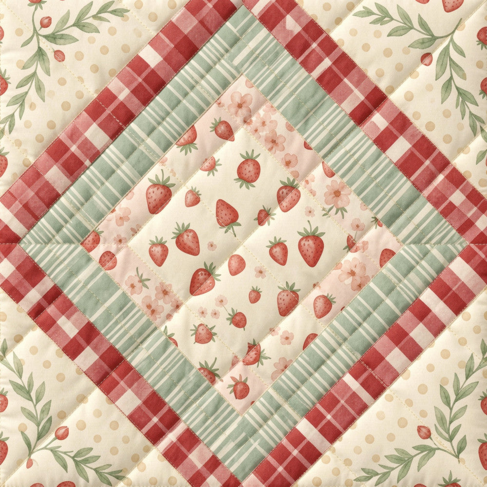 strawberry, red gingham, cream, sage green, floral, geometric, farmhouse, vintage, country, rustic, nature, spring, summer, cottage core, traditional, plaid, checkered, striped, fruit, berries, botanical, leaves, flowers, patchwork, quilt design, red and white, green and white, pastels, timeless, classic