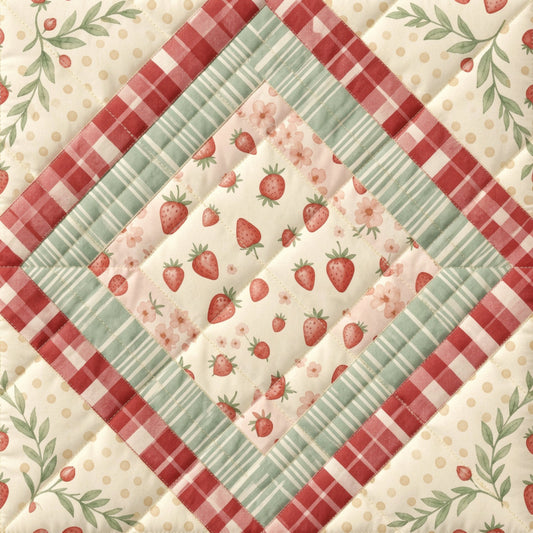 strawberry, red gingham, cream, sage green, floral, geometric, farmhouse, vintage, country, rustic, nature, spring, summer, cottage core, traditional, plaid, checkered, striped, fruit, berries, botanical, leaves, flowers, patchwork, quilt design, red and white, green and white, pastels, timeless, classic