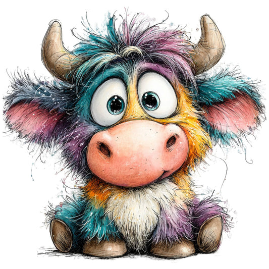 whimsical, colorful cow, cute animals, multicolor, teal, pink, purple, orange, yellow, navy blue, pastel, playful, children's, farmhouse, highland cow, expressive eyes, abstract art style, modern, fun, nursery, baby quilt, wall hanging, quirky, artistic, watercolor effect, splattered, bohemian, conversation print, character fabric, kid-friendly