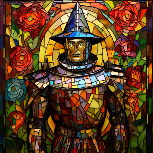 stained glass, wizard, tin man, wizard of oz, fabric panel, red roses, yellow radiating, blue hat, metallic face, orange background, green leaves, purple accents, geometric mosaic, fantasy character, quilting cotton, colorful glass effect, floral border, rainbow hues, crafting panel, literary character