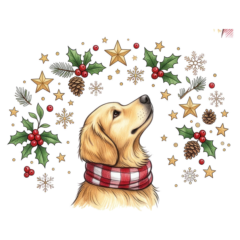 golden retriever, christmas, holiday, winter, festive, dog, plaid, red and white, stars, holly, berries, pinecones, snowflakes, evergreen, whimsical, charming, traditional, warm, cozy, family, pets, animals, nature, cream, tan, forest green, burgundy red, gold accents, looking up, cheerful