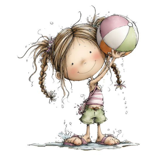 childhood, whimsical, children, girl, playful, beach, summer, water, splashing, puddles, braided hair, pigtails, barefoot, joy, happy, innocent, illustration, storybook, cream, soft pink, sage green, tan, ochre, pastel colors, character panel, decorative, nursery, kids room, playdate, carefree