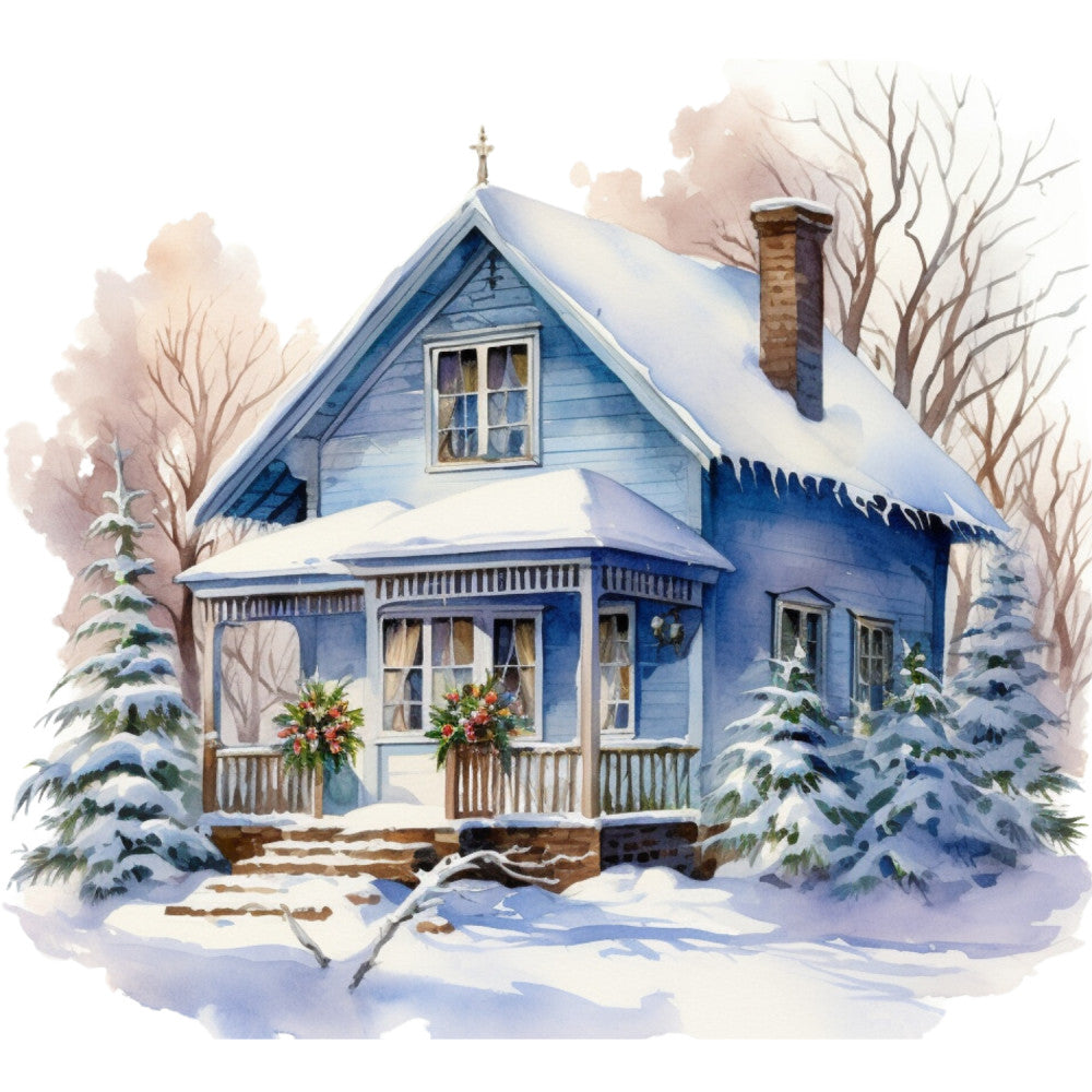 Watercolor Winter Houses Fabric Panel 36