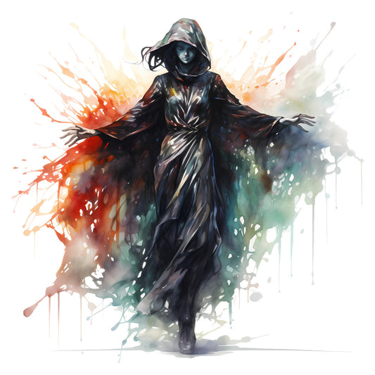 black, red, orange, teal, cream, watercolor, abstract, splatter, ink wash, gothic, mysterious, dark, ethereal, hooded figure, dramatic, modern, artistic, contemporary, dark fantasy, supernatural, magical, grunge, expressive, flowing, elegant, edgy, moody, fantasy art, halloween, dark aesthetic