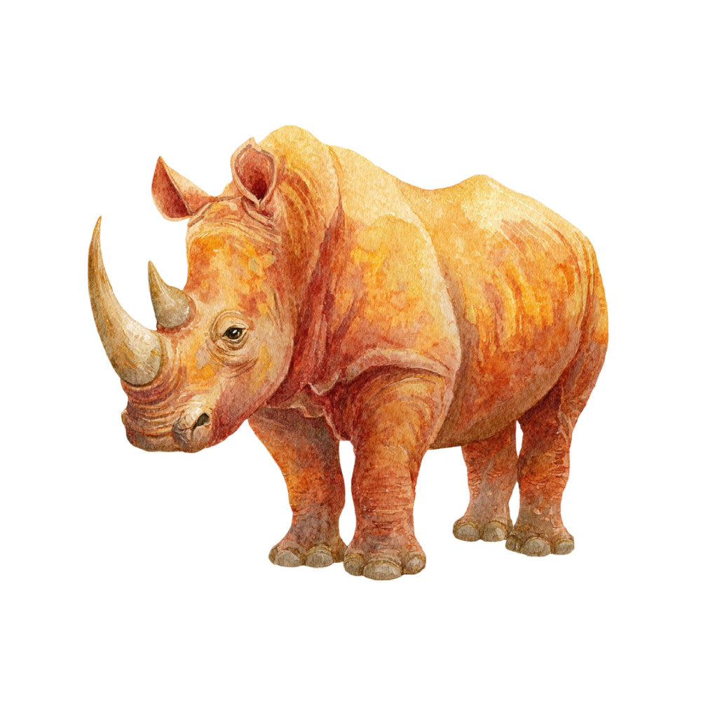 rhino, wildlife, animal, safari, african animals, rust orange, burnt orange, golden yellow, tan, terracotta, earthy tones, warm colors, realistic, illustration, nature, adventure, exotic, natural history, educational, children's, kids, whimsical, gentle, nursery, farmhouse, rustic, vintage, nature study, animal portrait, zoological