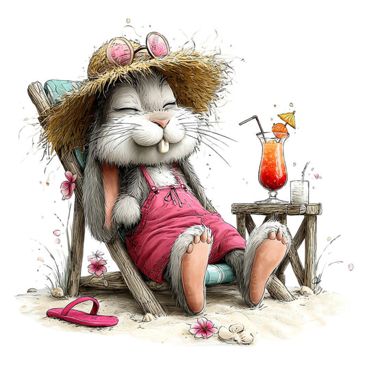 whimsical cat, beach cat, relaxed cat, humorous animal, tropical theme, summer vacation, cocktail drink, pink shorts, sunglasses, beach lounging, sandy beach, coral pink, warm brown, cream white, tan beige, animal character, playful style, cartoon cat, resort wear, leisure theme, beach scene, fruity drink with umbrella, flip flops, flowers, casual summer, anthropomorphic animals, fun whimsical, lighthearted humor, vacation vibes