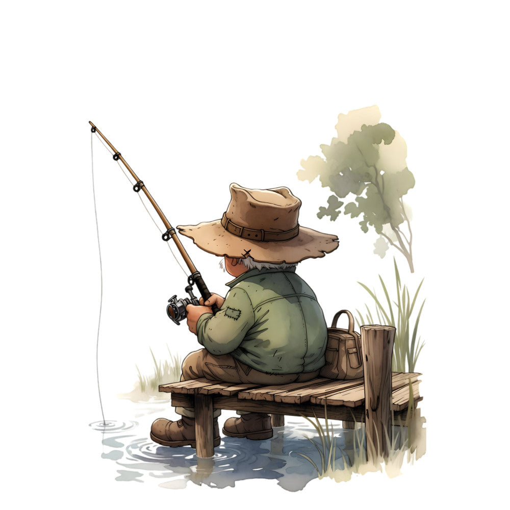 fishing, fisherman, water, pond, nature, rural, countryside, vintage, whimsical, nostalgic, folk art, character, illustration, brown, tan, khaki, sage green, olive green, cream, beige, water blue, rustic, traditional, leisure, outdoor, dock, bench, trees, grass, peaceful
