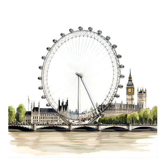 london, big ben, ferris wheel, london eye, british landmarks, architecture, cityscape, travel, urban, monument, thames river, england, vintage, gray, cream, beige, tan, muted tones, classic, elegant, traditional, tourist destination, sightseeing, building motif, water scene, bridge, iconic landmarks, heritage, nostalgic, wall hanging