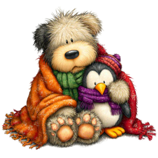 bear and penguin, winter holiday, christmas, cozy animals, festive, whimsical, children's, cute characters, red scarf, green scarf, purple scarf, warm colors, orange, red, green, purple, cream, black, winter clothing, snuggle, friendship, heartwarming, seasonal, cold weather, playful, gentle, soft style, animal friends