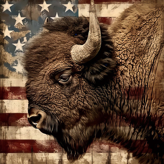 bison, buffalo, americana, patriotic, american flag, stars and stripes, distressed, vintage, rustic, western, wildlife, animal, brown, tan, cream, red, blue, sepia tone, grunge, farmhouse, native american, plains, frontier, bold, majestic, textured, masculine, wall art, home decor