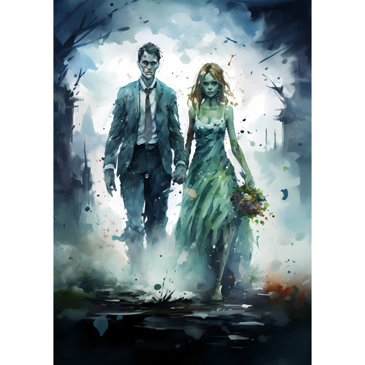 watercolor, abstract, couples, romantic, gothic, dark academia, moody blue, sage green, misty gray, ethereal, fantasy, dramatic, silhouette, bride and groom, wedding, dark romance, atmospheric, ink splatter, painterly, mystical, elegant, contemporary, artistic, fashion illustration, two figures, architectural backdrop, haunting, sophisticated, dreamy