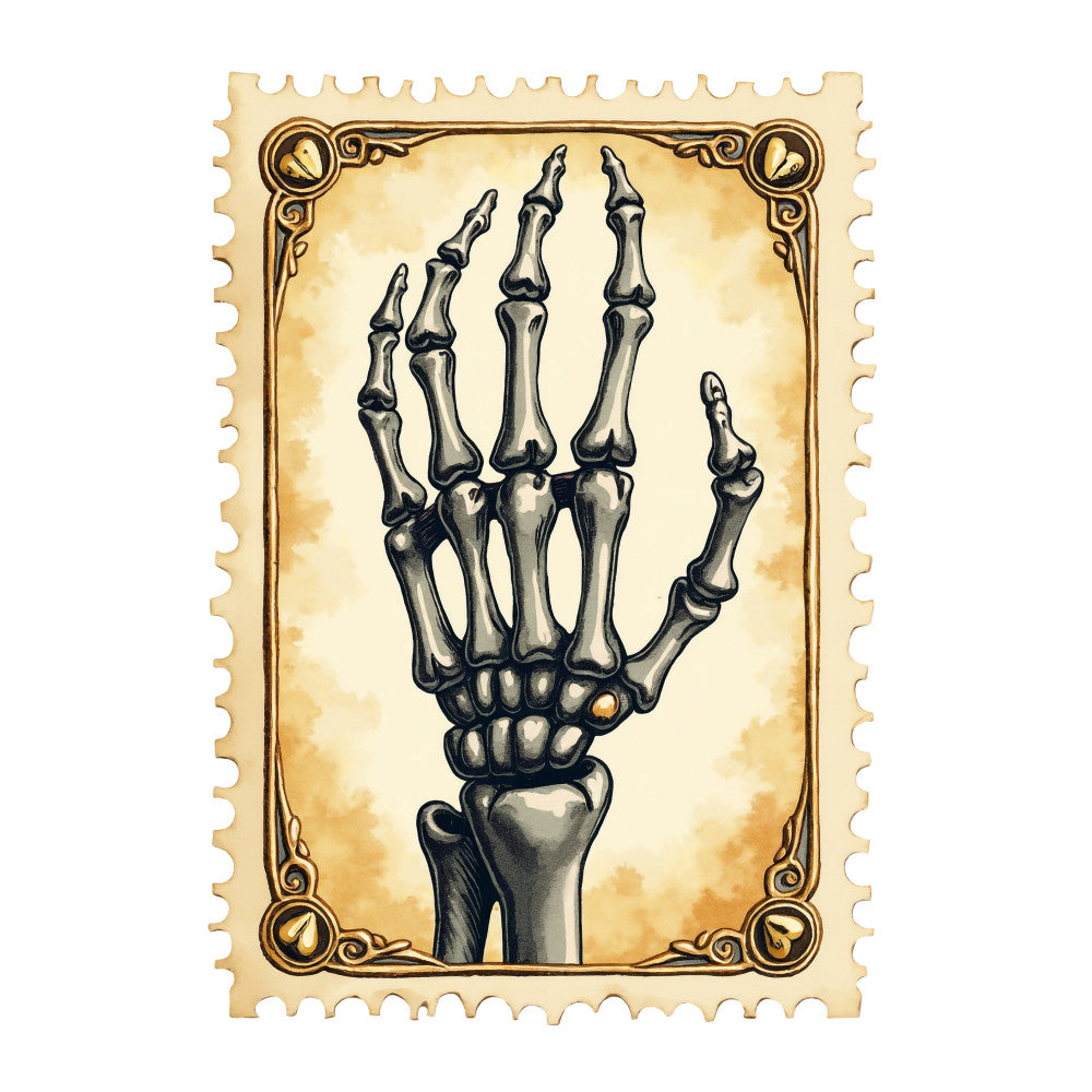 Halloween Postage Stamps Fabric Panel 7 features a detailed vintage skeleton hand with a decorative border on premium quilting cotton.