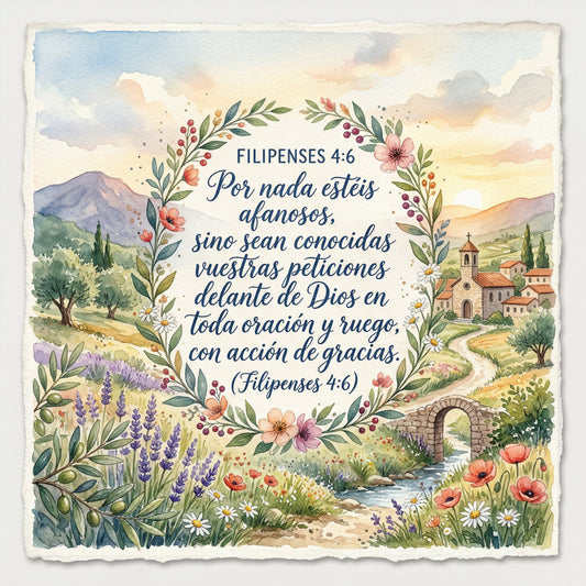 floral, scripture, botanical, lavender, wildflowers, poppies, daisies, sage green, cream, soft yellow, landscape, countryside, rustic, inspirational, faith-based, spanish text, religious, vintage, pastoral, spring, summer, nature, garden, peaceful, spiritual, decorative panel, wall hanging, traditional, watercolor style, peaceful landscape