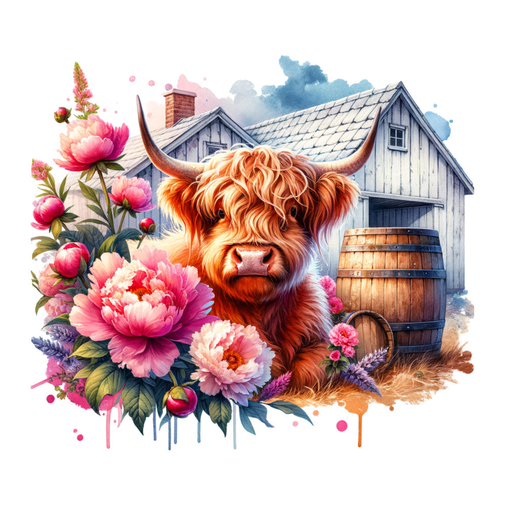 highland cattle, rustic farmhouse, peonies, pink florals, coral orange, cream white, sage green, blue sky, countryside, cottage core, whimsical animals, botanical, vintage homestead, long horns, watercolor style, splatter effect, spring blooms, summer garden, nature themed, traditional pastoral, elegant rustic, floral border, decorative panel, wall art, home decor, artistic illustration, countryside living, farmyard, mixed media style