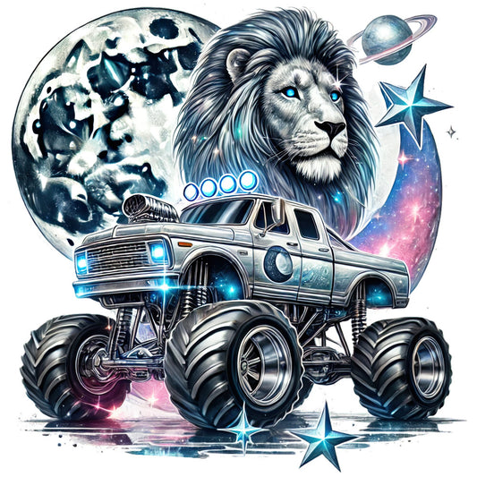 cosmic lion, monster truck, celestial, space theme, galaxy print, bright blue, silver, white, metallic, purple, pink, glowing lights, stars, planets, moon, futuristic, whimsical, bold, adventurous, vehicle, animal, wild animal, electric blue, neon accents, retro, sci-fi, boys theme, novelty print, eye-catching, imaginative