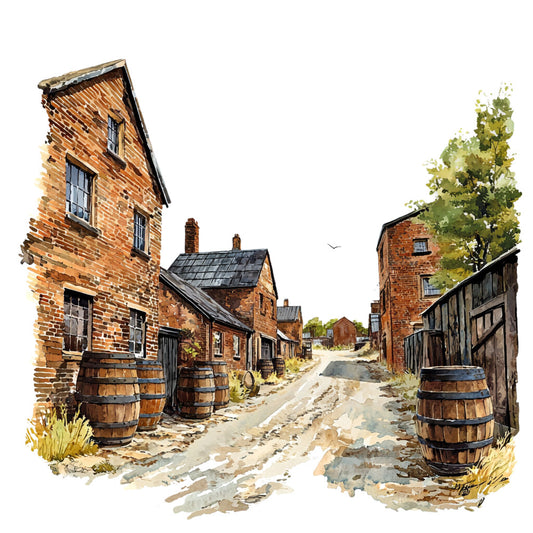 bourbon barrels, brick buildings, rustic village, watercolor style, earth tones, amber brown, weathered wood, cobblestone street, vintage architecture, distillery scene, fabric panel, quilting cotton, nostalgic artwork, wooden barrels, historic buildings, muted colors, countryside setting, aged patina, handpainted look, artisan craft
