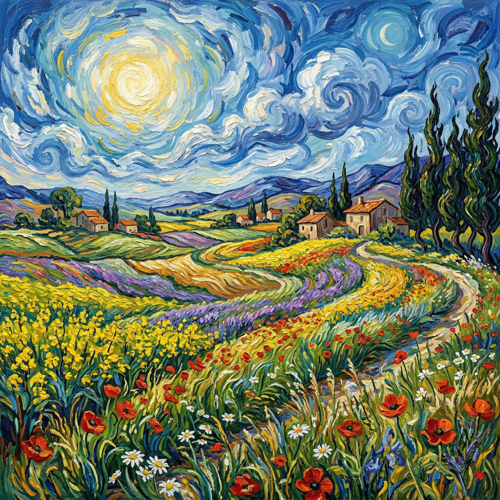 starry night, van gogh inspired, swirling sky, yellow sun, crescent moon, cypress trees, wildflower field, red poppies, purple lavender, rolling hills, tuscan landscape, countryside cottage, vibrant colors, impressionist style, post-impressionist, bohemian, whimsical, nature scene, landscape, pastoral, rustic, european countryside, spring flowers, summer meadow, daisy flowers, white daisies, blue sky, deep blue, golden yellow, cream