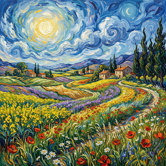 starry night, van gogh inspired, swirling sky, yellow sun, crescent moon, cypress trees, wildflower field, red poppies, purple lavender, rolling hills, tuscan landscape, countryside cottage, vibrant colors, impressionist style, post-impressionist, bohemian, whimsical, nature scene, landscape, pastoral, rustic, european countryside, spring flowers, summer meadow, daisy flowers, white daisies, blue sky, deep blue, golden yellow, cream