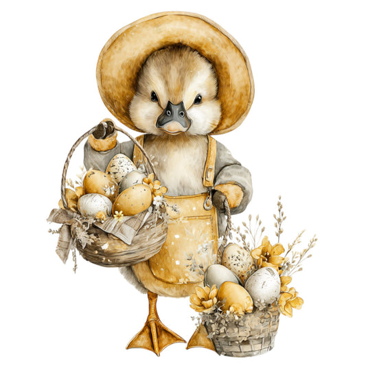 duck, duckling, easter, spring, animals, whimsical, cute, straw hat, eggs, basket, farmhouse, vintage, cream, tan, golden brown, butter yellow, neutral, nature, pastoral, country, rustic, baby, children's, cheerful, folk art, traditional, botanical, flowers, cottage core, woodland