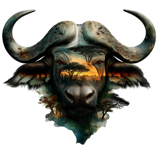 buffalo, bull, wildlife, african animals, safari, savanna, nature, double exposure, layered imagery, artistic, mystical, whimsical, bronze, copper, teal, gold, orange, rust, black, cream, earthy tones, horns, acacia tree, sunset, landscape, bohemian, modern art, fantasy, portrait, animal portrait