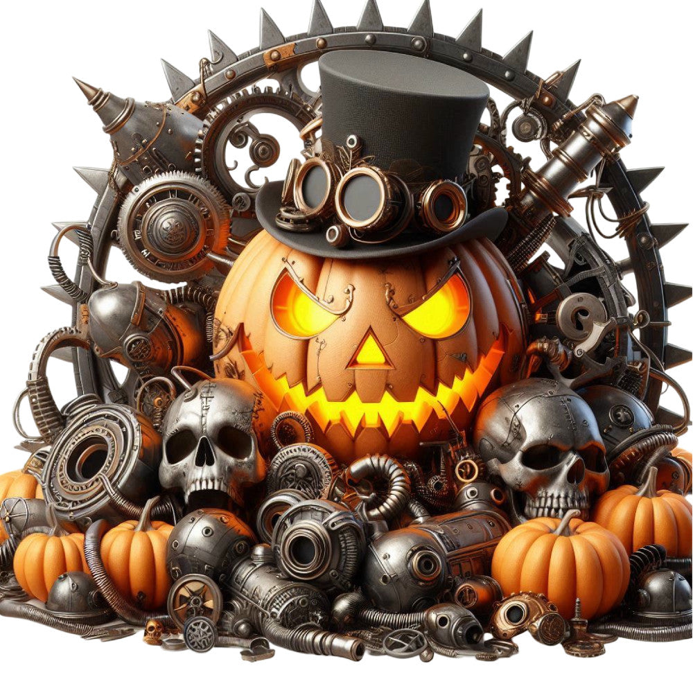 steampunk, halloween, pumpkin, jack-o-lantern, gears, industrial, orange, black, bronze, copper, metallic, skulls, mechanical, victorian, autumn, fall, spooky, gothic, vintage, gears and cogs, top hat, glowing eyes, holiday, seasonal, dark, moody, festive, whimsical