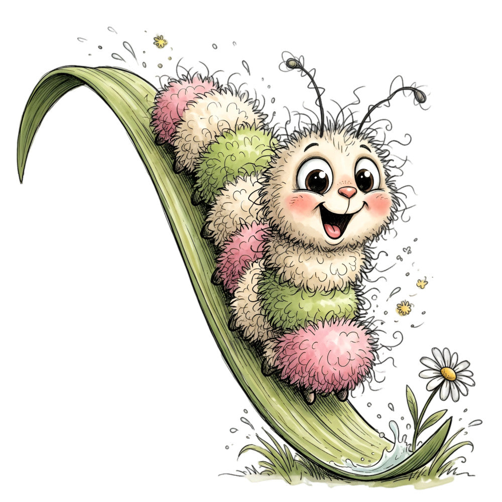 whimsical, cute creature, colorful, pastel pink, sage green, cream, fluffy, caterpillar, nature, garden, flowers, daisies, spring, playful, children's, kids, cheerful, smiling face, insects, botanical, soft colors, fantasy, storybook, magical, nursery, baby, whimsy, illustrated, woodland