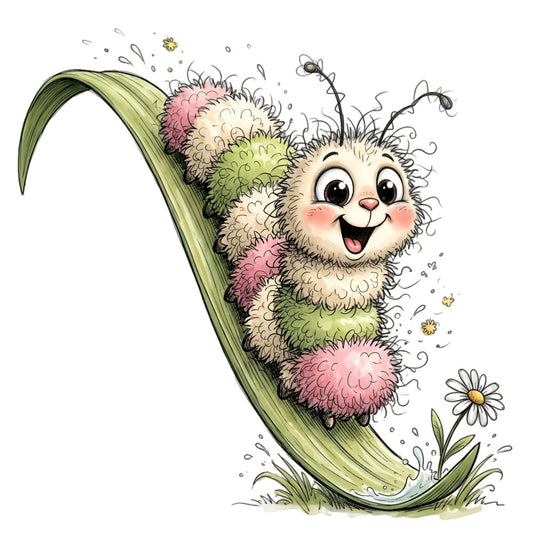 whimsical, cute creature, colorful, pastel pink, sage green, cream, fluffy, caterpillar, nature, garden, flowers, daisies, spring, playful, children's, kids, cheerful, smiling face, insects, botanical, soft colors, fantasy, storybook, magical, nursery, baby, whimsy, illustrated, woodland